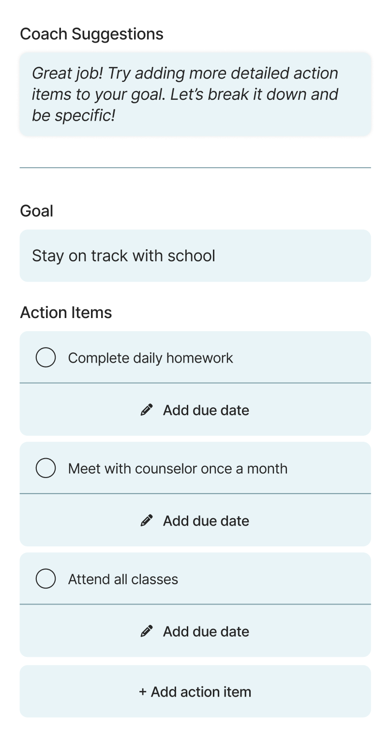 After — goal screen with a coach suggestions note added at the top