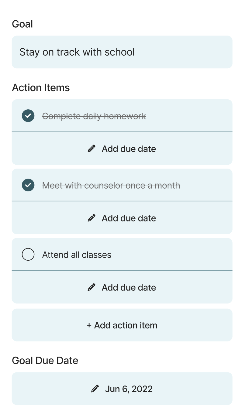 Before — goal with action items and a due date, no coach input